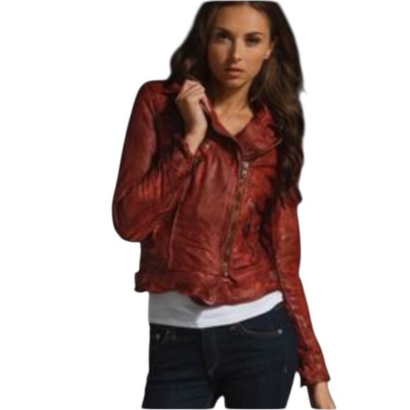MUUBAA Women’s Cherry Red Moto Biker Leather Jacket - Picture 9 of 10